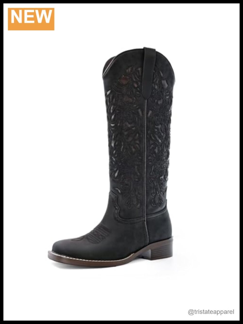Women's Cowboy Boots Cut Out Floral Embroidered Low Block Heel Pull On Square